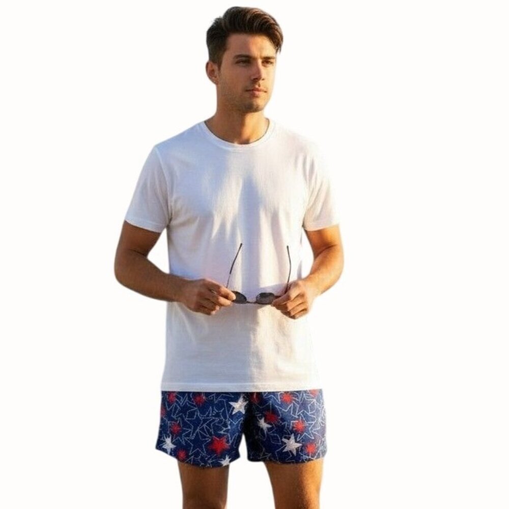 George Mens Swim Shorts Blue Red Star Print Size Large 36-38 Elastic Waist